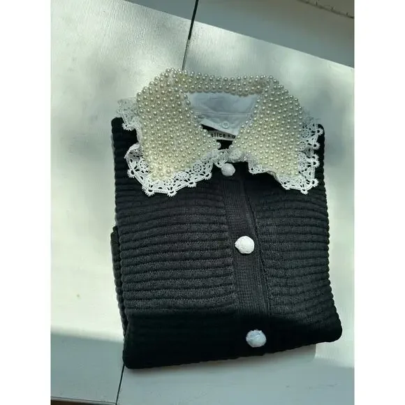 Alice + Olivia NOELLA EMBELLISHED COLLARED CARDIGAN M - Picture 9 of 11